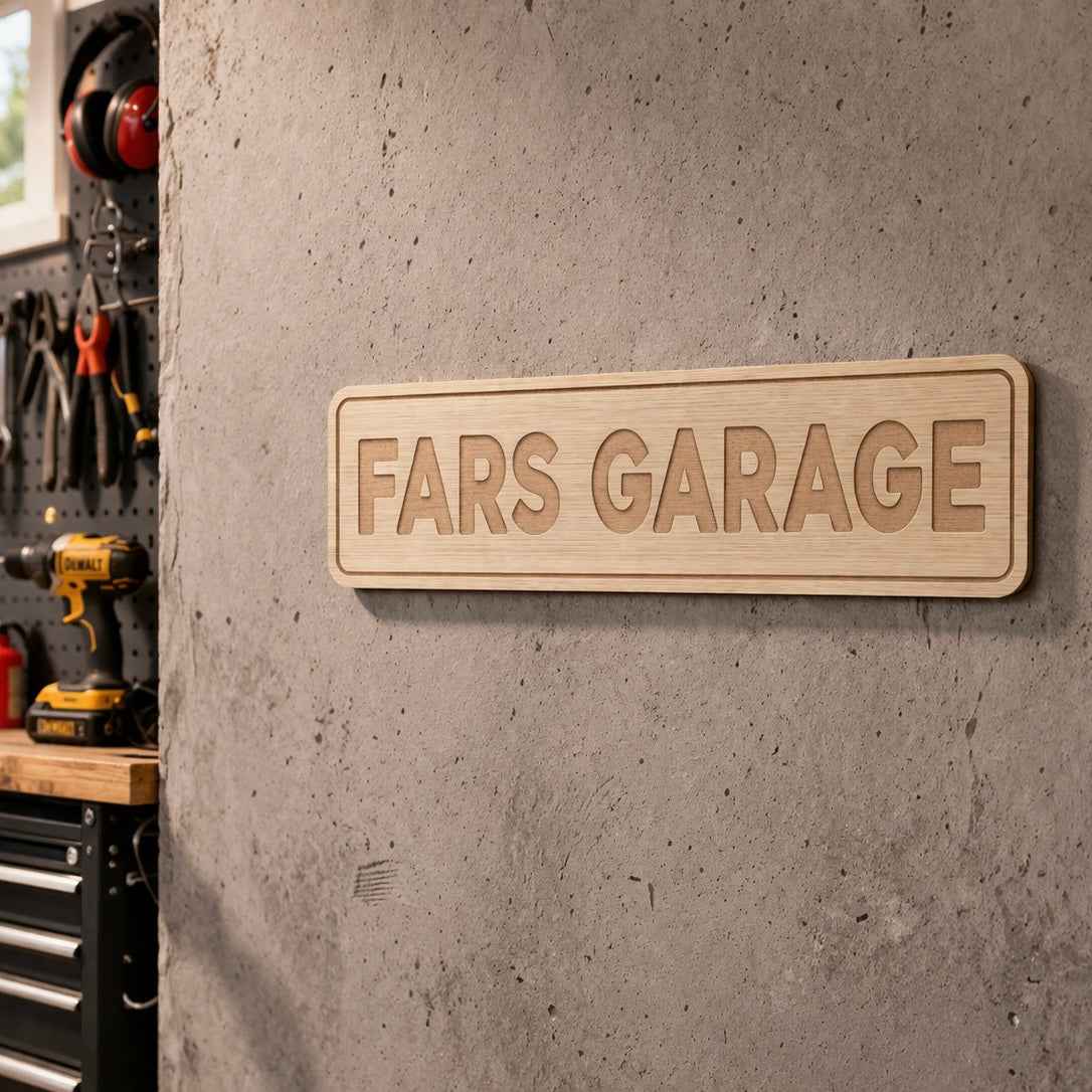Fars Garage-skilt i eg – Personligt træskilt til far