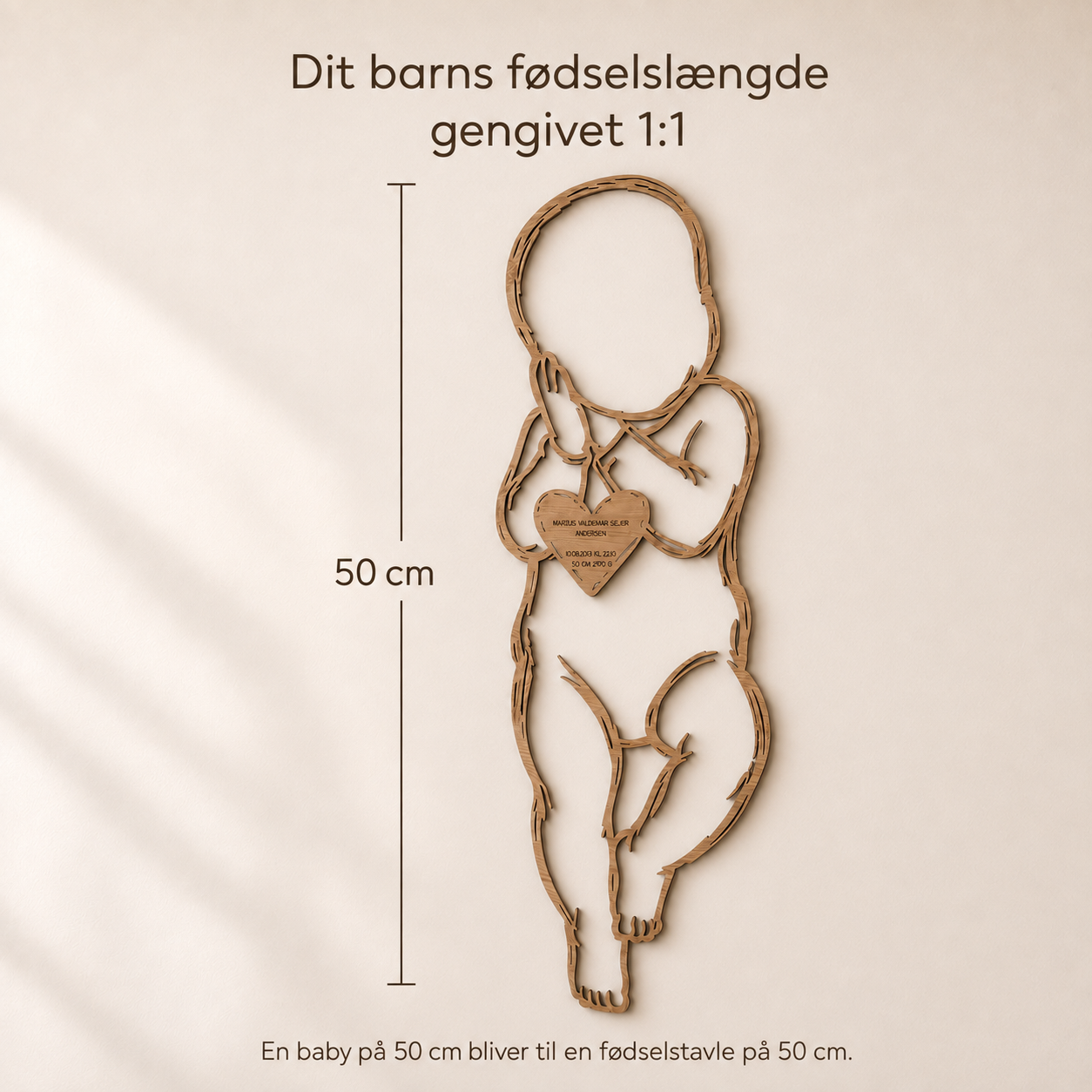 Instruktion til kunden om hvordan længden bliver på 1:1 baby i træ
